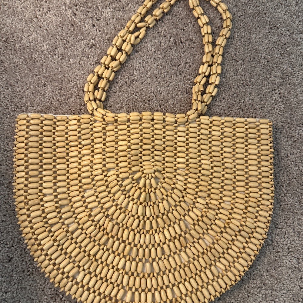 Rachel Ashwell- Handcrafted Beaded Half-Moon Tote — Natural Beige